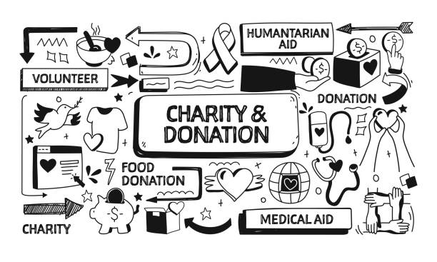 ilustrações, clipart, desenhos animados e ícones de ilustração de doodle relacionada com caridade e doação. ilustração vetorial de design moderno para banner da web, cabeçalho do site etc. - charity and relief work illustrations