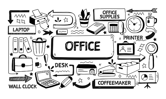Office and Workspace Related Doodle Illustration. Modern Design Vector Illustration for Web Banner, Website Header etc.