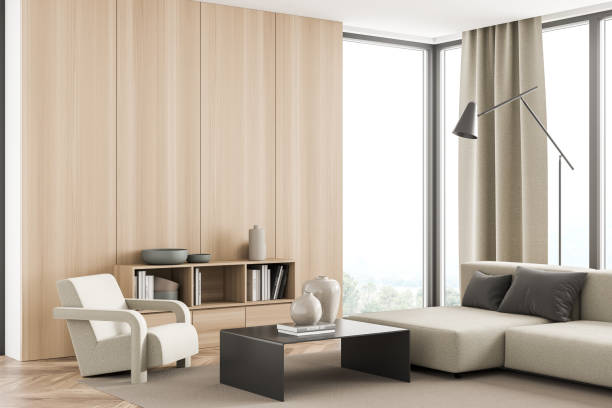 istock Panoramic white living room with wooden wall. Corner view. 1339994911