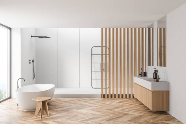 istock White bathroom with wood wall panels 1339995545