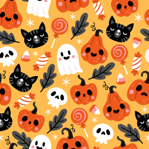 nahtloses muster für halloween urlaub mit kürbis, schwarzer katze, geist und totenkopf. kindlicher hintergrund für stoff, geschenkpapier, textil, tapeten und bekleidung - patterned halloween background stock-grafiken, -clipart, -cartoons und -symbole