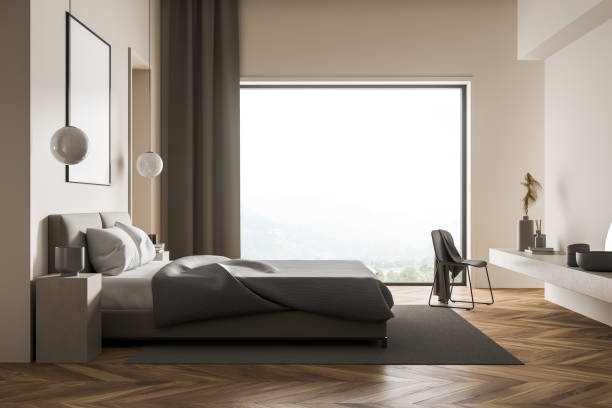 istock Beige panoramic bedroom space with grey interior details and parquet flooring 1339995624