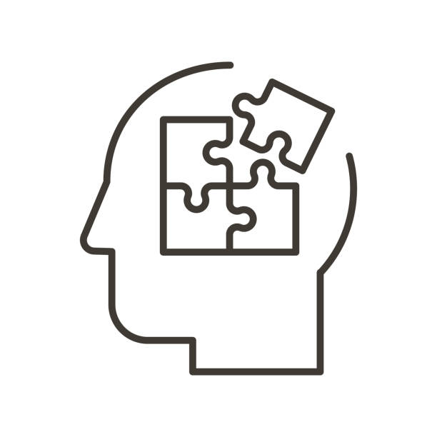 Head profile of a person with puzzle pieces. Vector thin line illustration for concepts of mental health, business or education problem solving, solutions, thinking or mental subjects like autism Vector eps10 puzzle icons stock illustrations