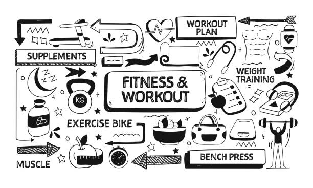 Fitness and Healthy Lifestyle Related Doodle Illustration. Modern Design Vector Illustration for Web Banner, Website Header etc. Fitness and Healthy Lifestyle Related Doodle Illustration. Modern Design Vector Illustration for Web Banner, Website Header etc. active lifestyle stock illustrations