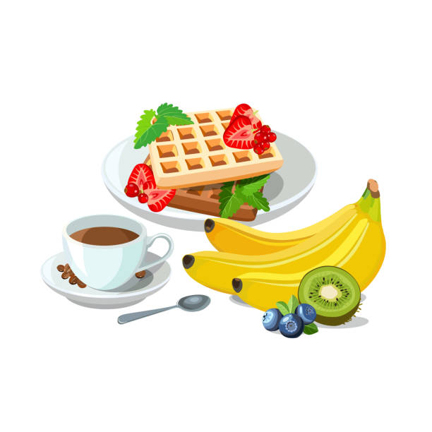 Sample breakfast of belgian waffles with berries on plate, cup of coffee with spoon and bright fruits: banana and kiwi. Brunch healthy start day options food. Vector illustration. Sample breakfast of belgian waffles with berries on plate, cup of coffee with spoon and bright fruits: banana and kiwi. Brunch healthy start day options food. Vector illustration food sample cups stock illustrations