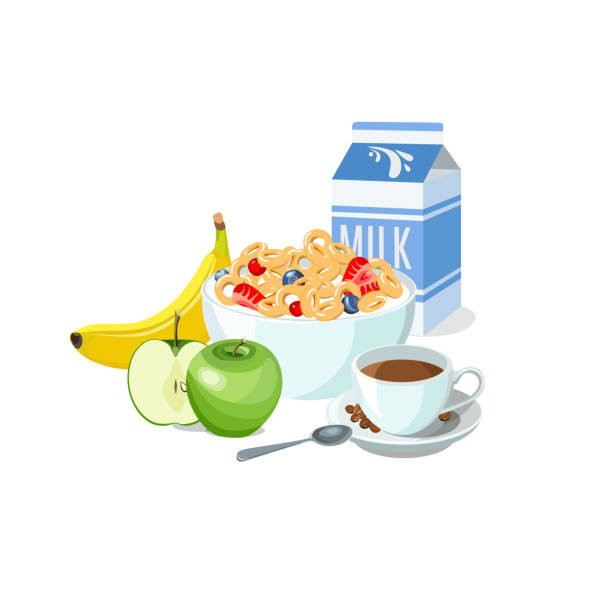 Sample breakfast plate corn flakes with milk, fruits and coffee. Classic hotel breakfast set for menu poster. Brunch healthy start day options food. Vector illustration Sample breakfast plate corn flakes with milk, fruits and coffee. Classic hotel breakfast set for menu poster. Brunch healthy start day options food. Vector illustration. food sample cups stock illustrations