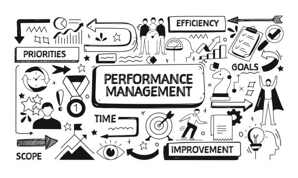 ilustrações de stock, clip art, desenhos animados e ícones de performance management related doodle illustration. modern design vector illustration for web banner, website header etc. - flow chart strategy analyzing chart