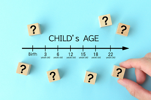 Child's age indication bar and wooden blocks with quesiton marks