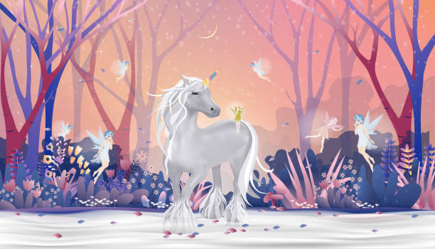 마법의 숲에서 크리스마스 밤에 유니콘과 함께 비행하고 노는 요정의 판타지 겨울 원더 랜드, 벡터 일러스트 아름다운 자연 풍경. 침대 시간 이야기에 대한 동화 배경 - unicorn fantasy landscape animal stock illustrations