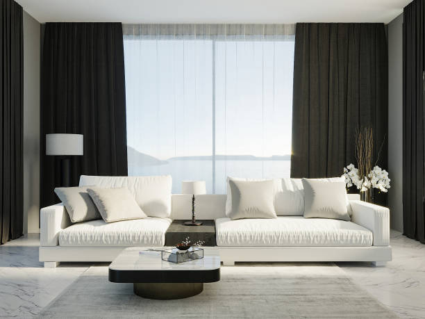 istock living room interior mock up, black and white room interior, 3d rendering 1340000588