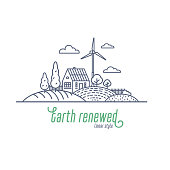 istock Earth renewed concept thin line vector illustration. Windmill and solar energy as an alternative electricity resource for a farm. Outline style vector illustration on white background 1340000665