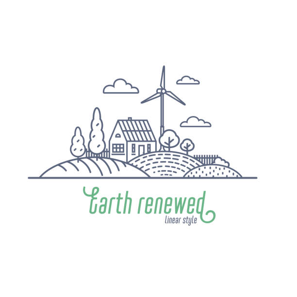 Earth renewed concept thin line vector illustration. Windmill and solar energy as an alternative electricity resource for a farm. Outline style vector illustration on white background Earth renewed concept thin line vector illustration. Windmill and solar energy as an alternative electricity resource for a farm. Outline style vector illustration on white background wind turbine illustrations stock illustrations