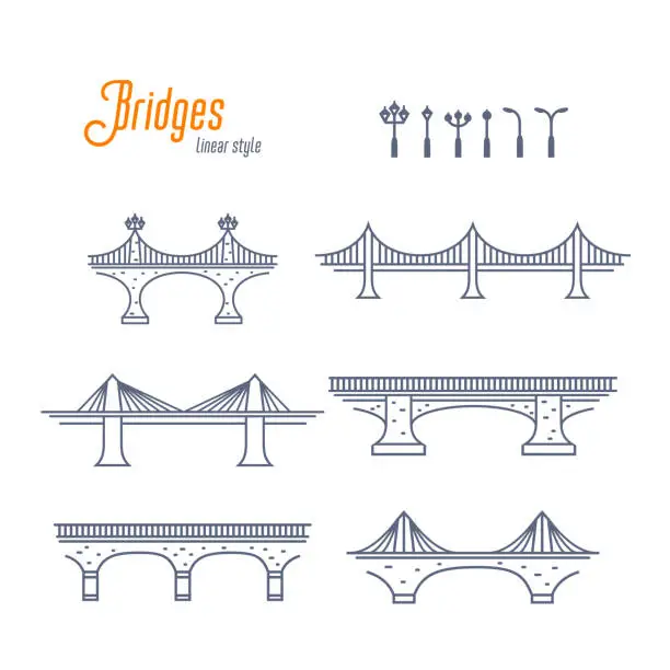 Vector illustration of Bridges and street lamps line vector set. Various bridges and streets lights. Outline style vector illustration on white background