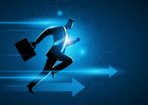 geschäftsmann läuft mit aktentasche mit modernem technologiethema - starting line running sprinting alertness stock-grafiken, -clipart, -cartoons und -symbole