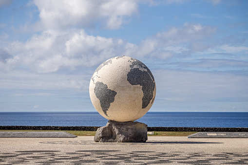 Sculpture of the Earth in Riberia Grande which is a small Portuguese city on the north side of the Azorean Island San Miguel in the middle of the North Atlantic Ocean.