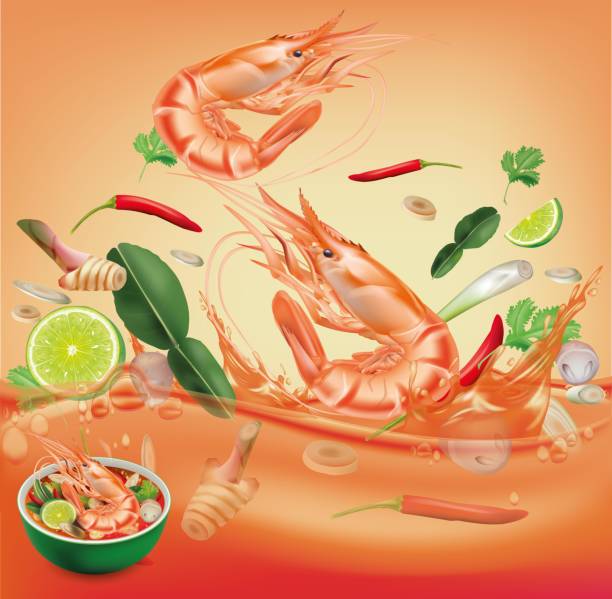 ilustraciones, imágenes clip art, dibujos animados e iconos de stock de ingredientes para hacer tom yum kung. curry picante tailandés.ingredientes para la sopa tailandesa caliente y agria, tom yum kung. vector food.illustration - tom tom yum meal soup