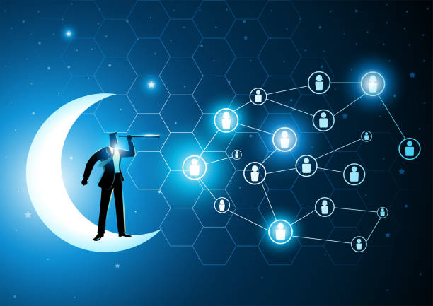 ilustrações de stock, clip art, desenhos animados e ícones de businessman standing on crescent moon with telescope looking for candidates - classified ad internet advertisement marketing