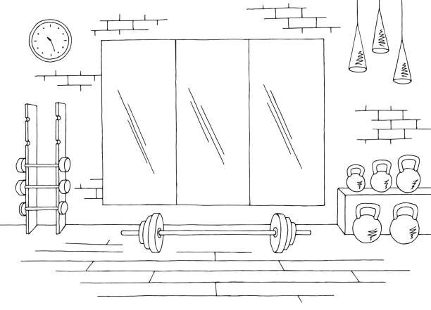 Weightlifting sport gym interior graphic black white sketch illustration vector Weightlifting sport gym interior graphic black white sketch illustration vector gym drawings stock illustrations