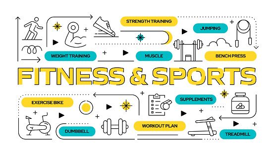 Fitness and Sports Related Vector Banner Design Concept, Modern Line Style with Icons