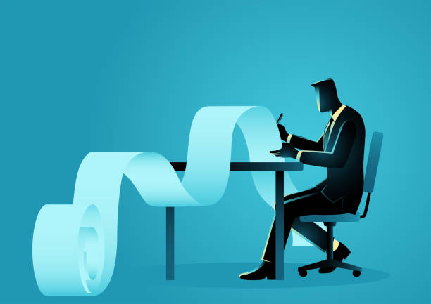 Businessman working on paperwork Business vector concept of businessman working on paperwork. Auditor, endless work concept tax silhouettes stock illustrations