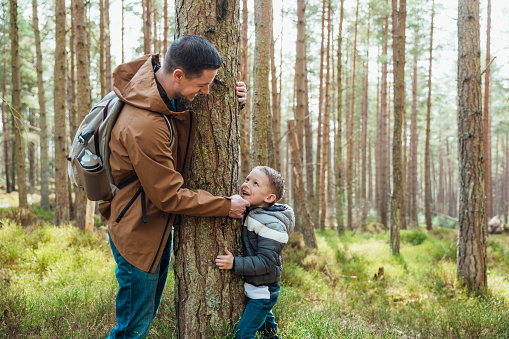 Father and his young son on a day out in Thrunton woods together in the North East of England. They are hugging a tree together.