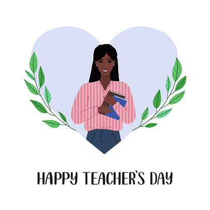 Happy Teacher's day vector concept. Young african american woman holding books and smiling. Happy Teacher's day illustration template for social media post. Vector illustration