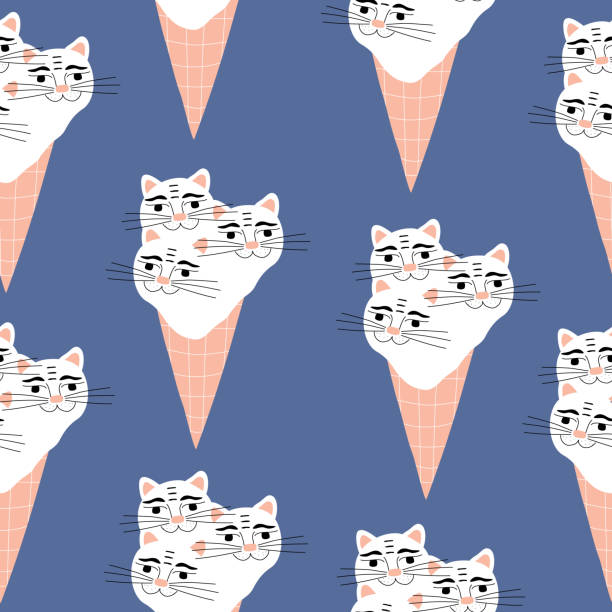 istock Funny white ice cream cats hand drawn vector illustration. Cute cheerful cat head. Adorable feline character seamless pattern. 1340007654