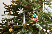 Detail photos of a modern decorated Christmas tree with modern Christmas tree decorations