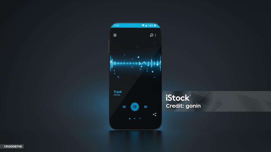 Music app on mobile phone 3D render Music app on mobile phone. 3D render Music Streaming Service Stock Photo
