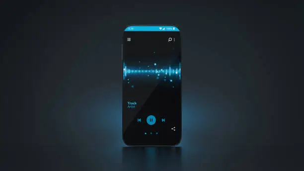 Music app on mobile phone. 3D render