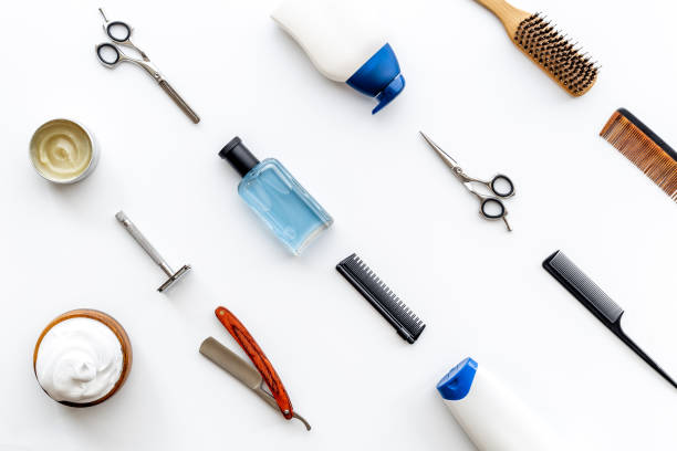 istock Professional barber tools with hairdressing scissors. Top view 1340012442