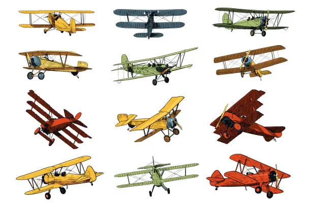 Vector illustration of Set of colored drawings of old planes. Traditional style vector illustrations of vintage aircraft