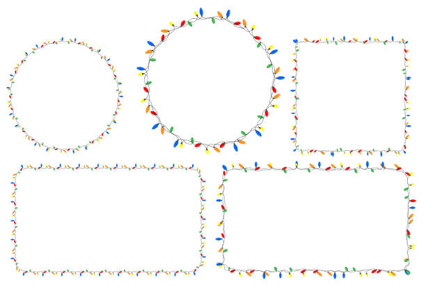 illustrations, cliparts, dessins animés et icônes de ensemble de cadres avec des lumières de noël multicolores pour guirlandes. décorer des cartes de noël avec des lumières et des guirlandes. vecteur de dessin animé isolé sur fond blanc - christmas lights christmas lighting equipment holiday