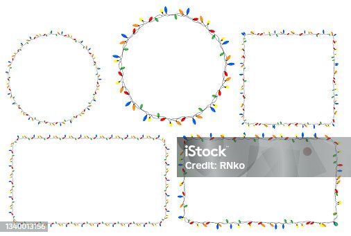 istock Set of frames with multi colored Christmas lights for garlands. Decorating Christmas cards with lights and garlands. Cartoon vector isolated on white background 1340013156