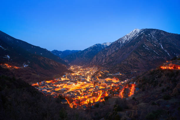 Andorra la Vella skyline at sunset Pyrenees Andorra la Vella skyline at sunset in Pyrenees mountains andorra stock pictures, royalty-free photos & images