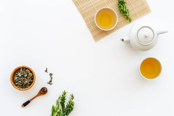 istock Ceramic white teapot and black tea in two cups, top view 1340013338