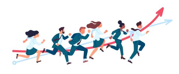 Business people run. Teamwork running competitions, office persons in race for success, professionals participate marathon, vector concept Business people run. Teamwork running competitions, office persons in race for success, professionals participate entrepreneur marathon vector concept race office stock illustrations