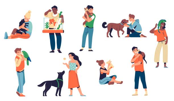 ilustrações de stock, clip art, desenhos animados e ícones de people with pets. animals and happy loving owners, men and women characters hugging and playing with dog, cat, parrot and bunny, vector set - house pet