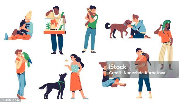 People With Pets Animals And Happy Loving Owners Men And Women Characters Hugging And Playing With Dog Cat Parrot And Bunny Vector Set Stock Illustration - Download Image Now