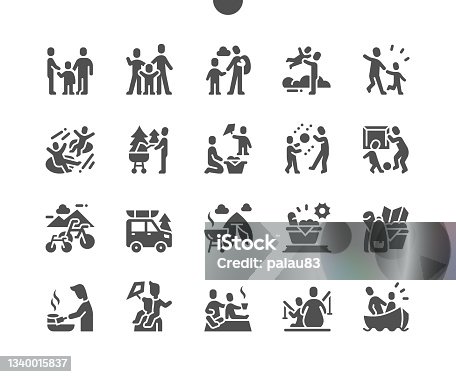 istock Family outdoor recreation. Summer activities. Picnic and barbecue. Happy family. Vector Solid Icons. Simple Pictogram 1340015837