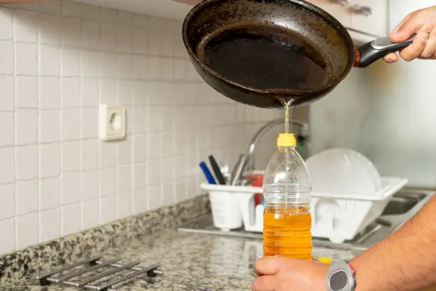 Photo of Man placing recycled edible oil from a frying pan into a plastic bottle in his home kitchen. Recycle at home concept