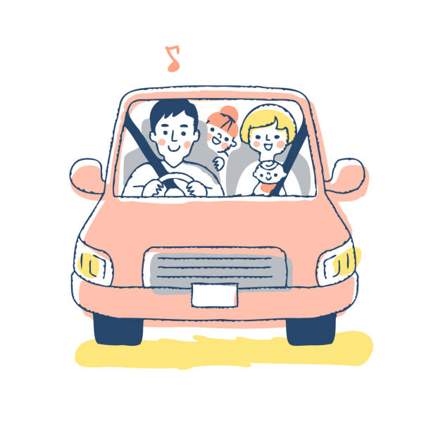 A family of four enjoying a drive Car, outing, driving, passenger car, family, traffic safety family vacation car stock illustrations