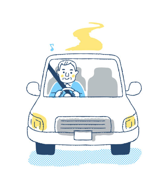 illustrazioni stock, clip art, cartoni animati e icone di tendenza di uomo anziano che si gode un viaggio in auto - white background car vehicle part brake