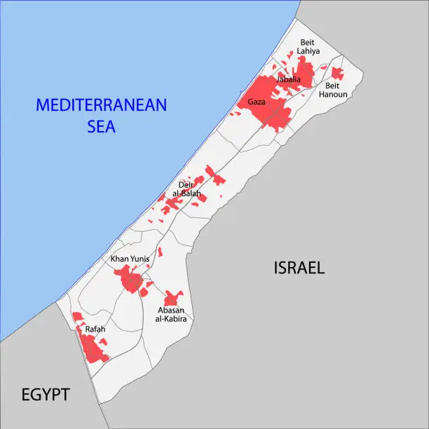 Vector illustration of Map of Gaza Strip with roads and cities.