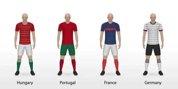 Vector illustration of Hungary, Portugal, France, Germany national football teams set soccer kits