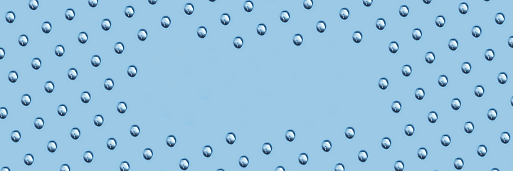 Web banner with repeating water drops pattern on blue background. Cosmetic and skin care shop website branding, space for text copy in the middle