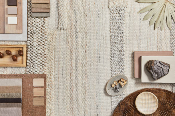 istock Flat lay design of creative architect moodboard composition with samples of building, beige textile and natural materials and personal accessories. Top view, template. 1340022246