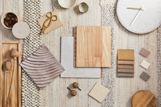 Flat lay design of creative architect moodboard composition with samples of building, beige textile and natural materials and personal accessories. Top view, template. Flat lay design of creative architect moodboard composition with samples of building, beige textile and natural materials and personal accessories. Top view, template. carpet sample stock pictures, royalty-free photos & images