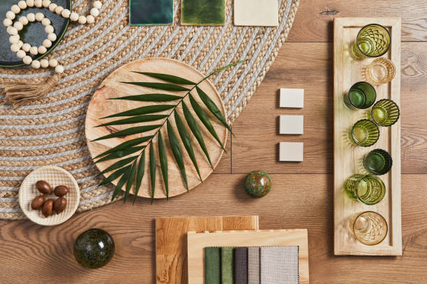 istock Flat lay of creative architect moodboard composition with samples of building, orange textile and natural materials and personal accessories. Top view, template. 1340022292