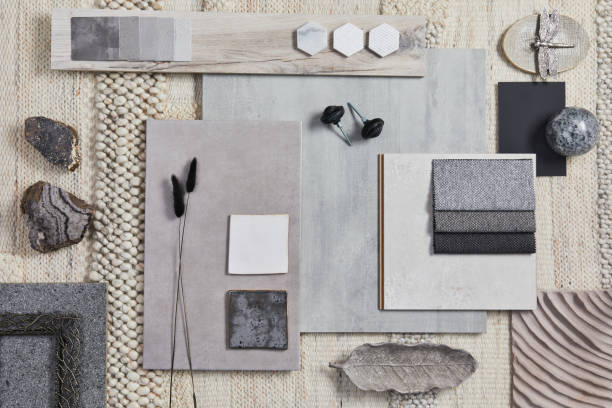 istock Flat lay design of creative architect moodboard composition with samples of building, beige textile and natural materials and personal accessories. Top view, template. 1340022319